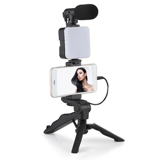 Ultimate Vlogging Kit: All-in-One Solution with LED Lights, Tripod, Microphone & Remote for iPhone & Android