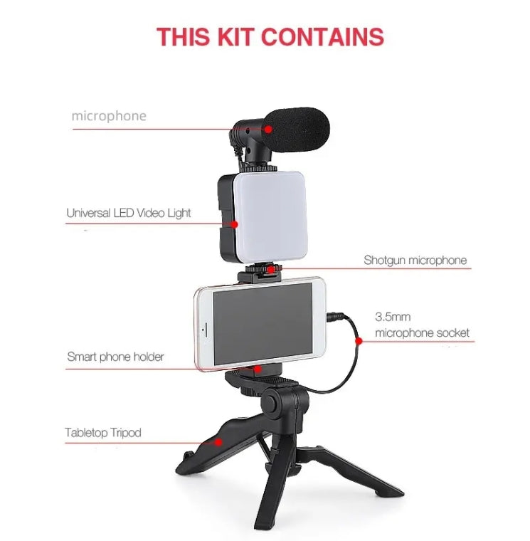 Ultimate Vlogging Kit: All-in-One Solution with LED Lights, Tripod, Microphone & Remote for iPhone & Android